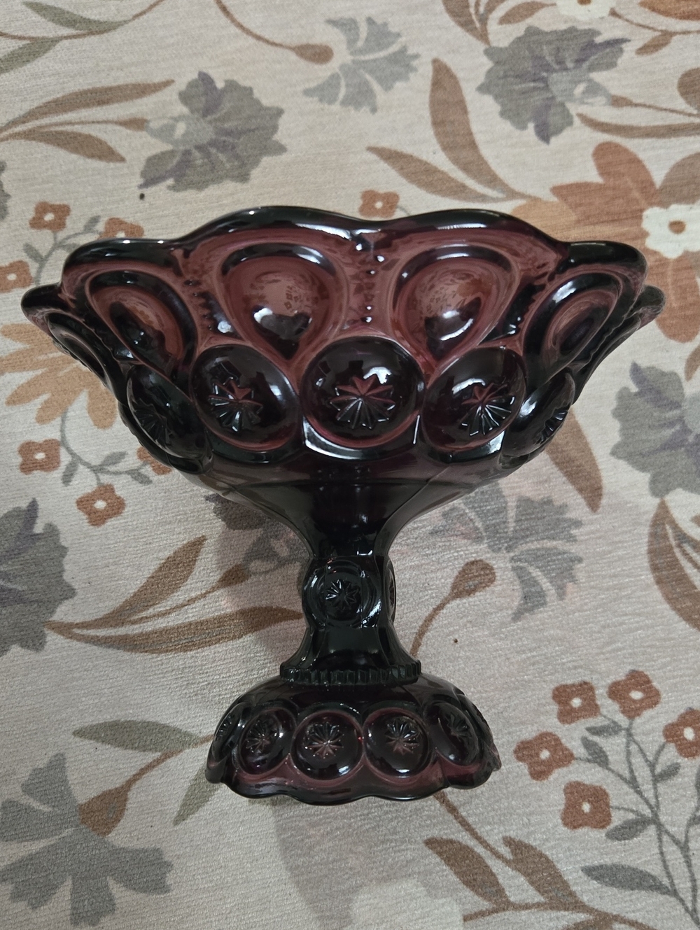 Vtg LE Smith Purple Amethyst Moon And Stars Pedestal Compote Glass Candy Dish